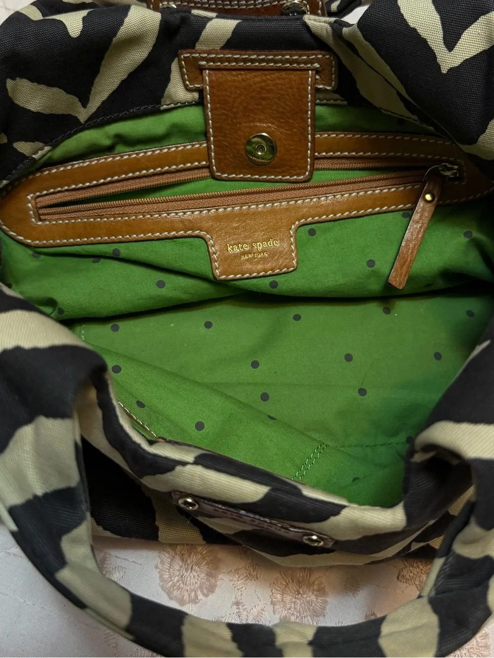 Vintage Kate Spade Zebra Print Canvas Shoulder Bag Hobo - Y2K Green Polka Dot